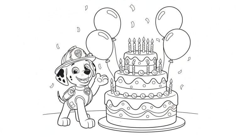 Kleurplaat van Marshall de Paw Patrol dalmatiër brandweerhond in uniform, lachend en zwaaiend naast een drielaagse verjaardagstaart met 15 kaarsjes, omringd door ballonnen en confetti.