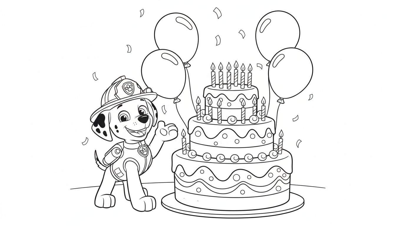Kleurplaat van Marshall de Paw Patrol dalmatiër brandweerhond in uniform, lachend en zwaaiend naast een drielaagse verjaardagstaart met 15 kaarsjes, omringd door ballonnen en confetti.