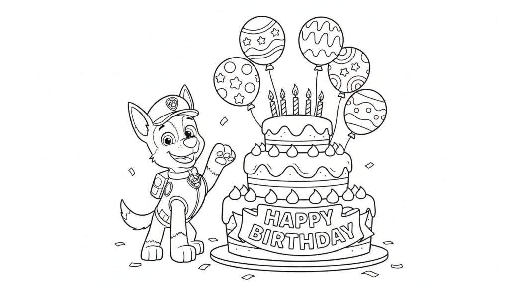 Kleurplaat van Chase van Paw Patrol die zwaait naast een drielaagse verjaardagstaart met vijf kaarsjes, ballonnen en confetti.
