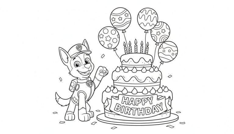 Kleurplaat van Chase van Paw Patrol die zwaait naast een drielaagse verjaardagstaart met vijf kaarsjes, ballonnen en confetti.