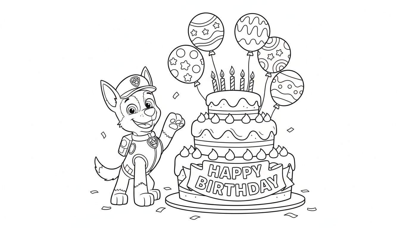 Kleurplaat van Chase van Paw Patrol die zwaait naast een drielaagse verjaardagstaart met vijf kaarsjes, ballonnen en confetti.