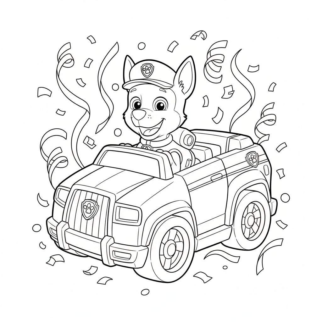 Kleurplaat van Chase van Paw Patrol in zijn politieauto, lachend met politiemuts en Paw Patrol-logo's, omringd door feestelijke confetti en slingers.