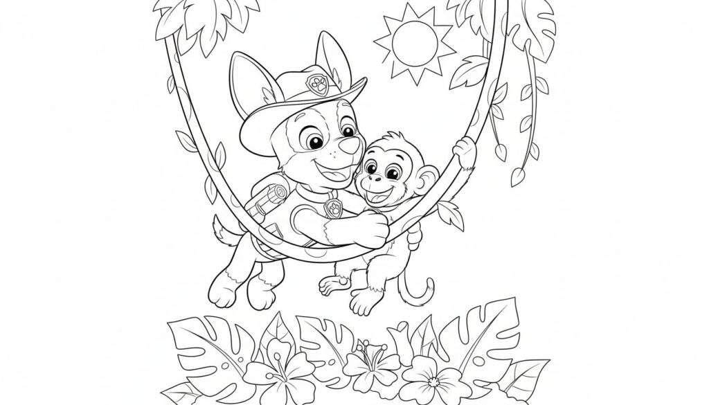 Kleurplaat van Tracker de hond en een aapje lachend hangend aan een liaan in de jungle, met zon en tropische planten.