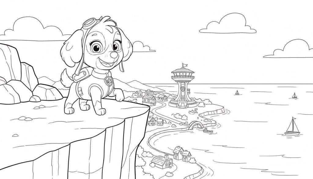 Kleurplaat van Skye (Paw Patrol) met pilotenbril en rugzak op een klif, uitkijkend over een kustlandschap met Paw Patrol uitkijktoren, huizen, weg, bootje en zeilboten op zee.