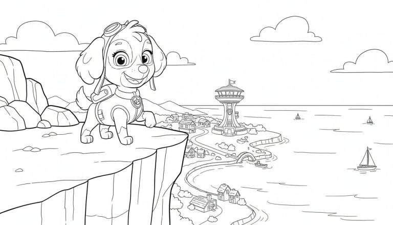 Kleurplaat van Skye (Paw Patrol) met pilotenbril en rugzak op een klif, uitkijkend over een kustlandschap met Paw Patrol uitkijktoren, huizen, weg, bootje en zeilboten op zee.