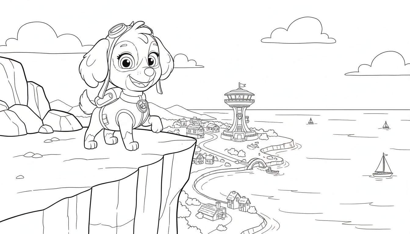 Kleurplaat van Skye (Paw Patrol) met pilotenbril en rugzak op een klif, uitkijkend over een kustlandschap met Paw Patrol uitkijktoren, huizen, weg, bootje en zeilboten op zee.