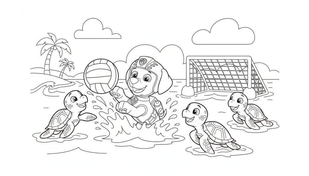 Kleurplaat van een hond in pak en helm die spettert met een volleybal in het water, omringd door vier lachende schildpadjes. Op de achtergrond een strandje met palmbomen en een waterpolodoel, onder twee wolken. Speelse zomerse scène.