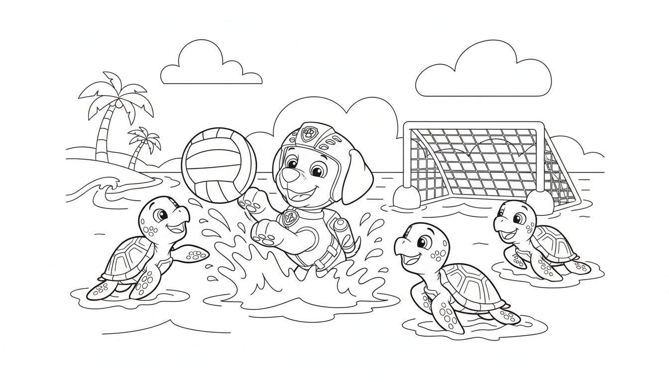 Kleurplaat van een hond in pak en helm die spettert met een volleybal in het water, omringd door vier lachende schildpadjes. Op de achtergrond een strandje met palmbomen en een waterpolodoel, onder twee wolken. Speelse zomerse scène.