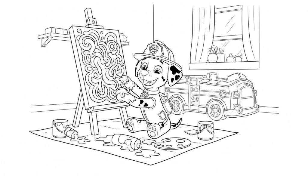 Zwart-wit kleurplaat van Marshall van Paw Patrol die vrolijk schildert aan een ezel, omringd door gemorste verf en schilderspullen, met zijn brandweerwagen in de achtergrond.