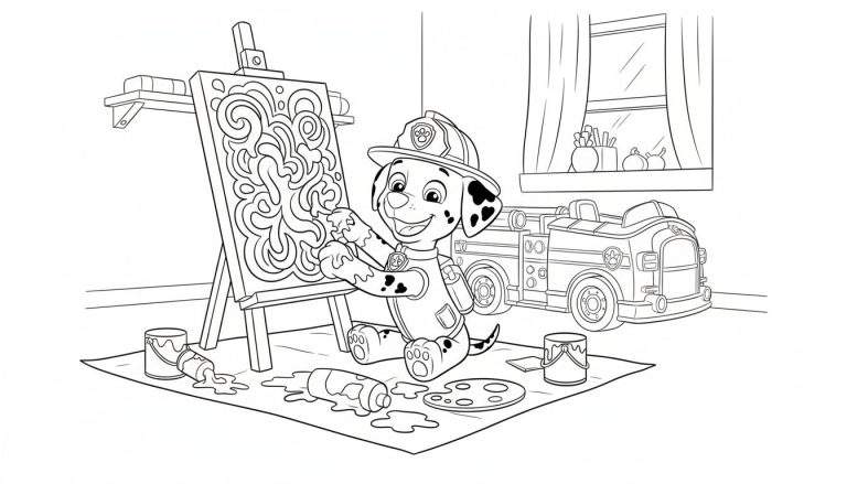 Zwart-wit kleurplaat van Marshall van Paw Patrol die vrolijk schildert aan een ezel, omringd door gemorste verf en schilderspullen, met zijn brandweerwagen in de achtergrond.