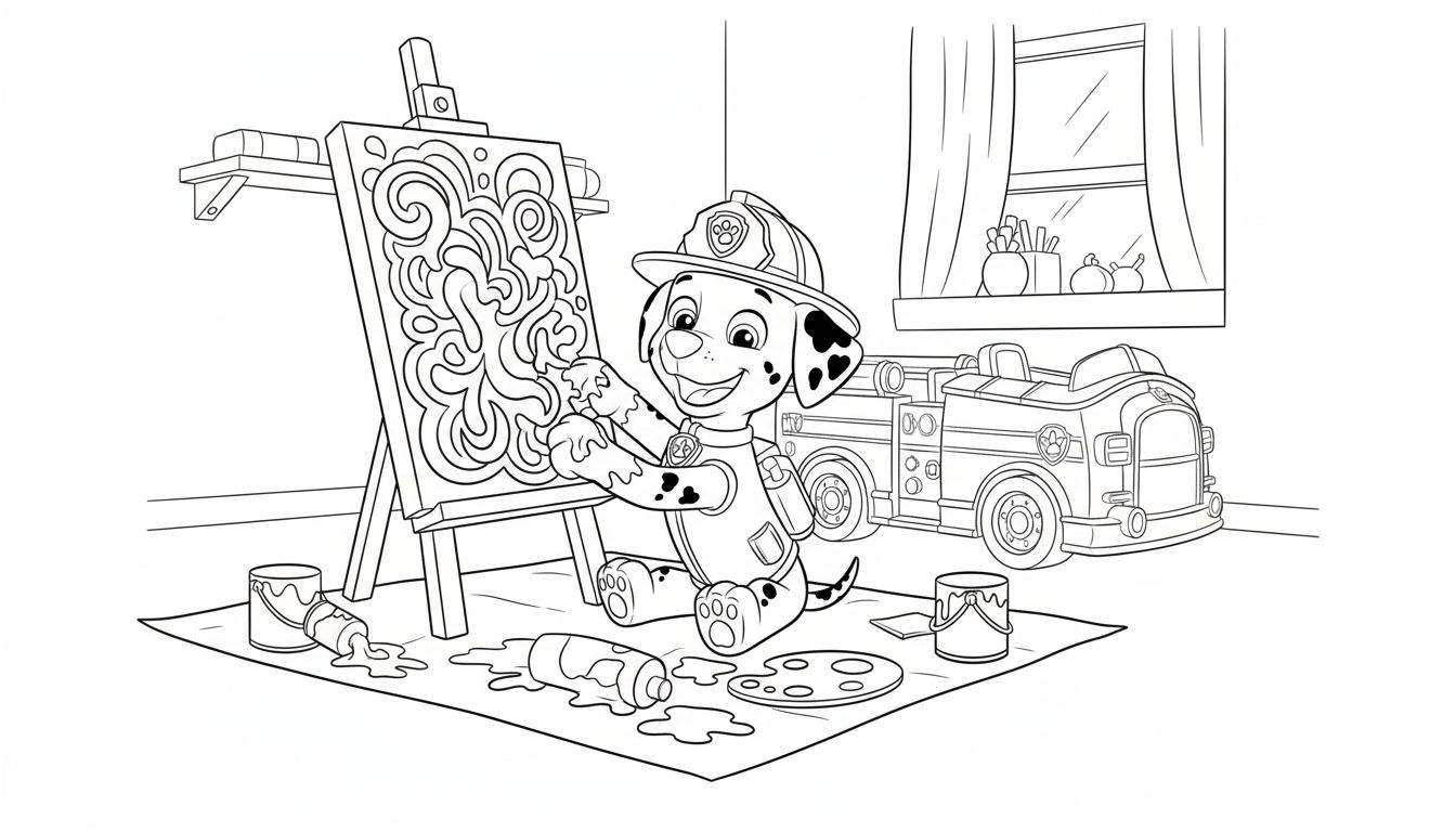 Zwart-wit kleurplaat van Marshall van Paw Patrol die vrolijk schildert aan een ezel, omringd door gemorste verf en schilderspullen, met zijn brandweerwagen in de achtergrond.