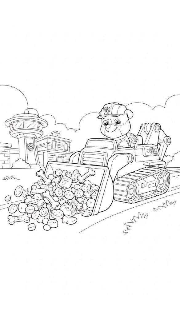 Kleurplaat van Rubble van Paw Patrol in zijn graafmachine met schep vol hondenbotten en hondenkoekjes, Paw Patrol uitkijktoren op de achtergrond.