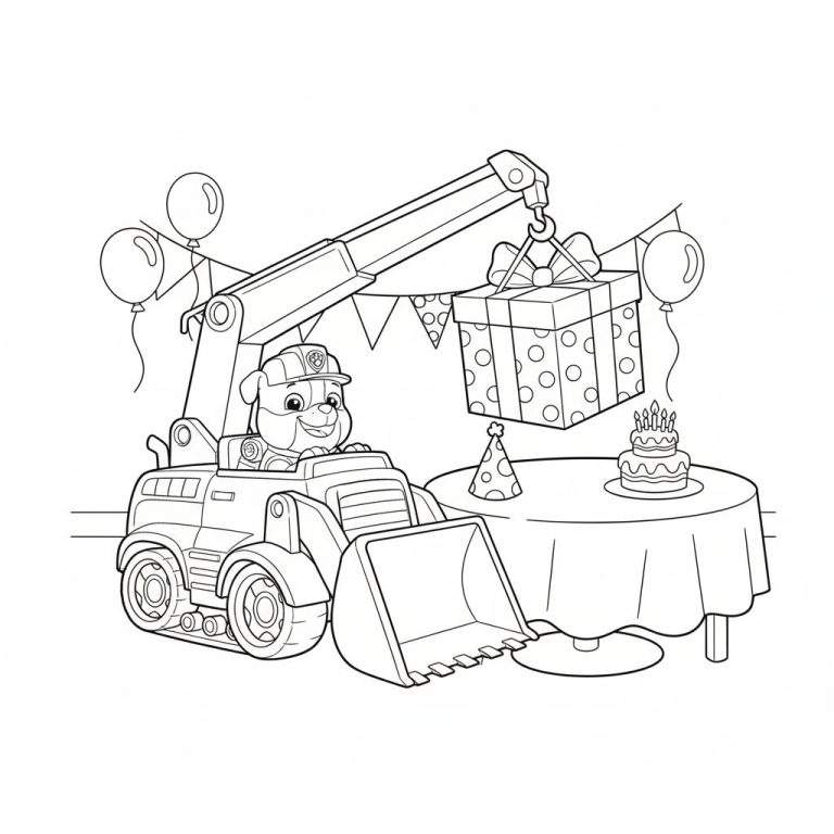 Kleurplaat van Rubble (Paw Patrol-hondje) in een graafmachine, die een feestelijk ingepakt cadeau optilt. De scène is versierd met vlaggetjes, ballonnen en een ronde tafel met een taart met zes kaarsjes en een feesthoedje.
