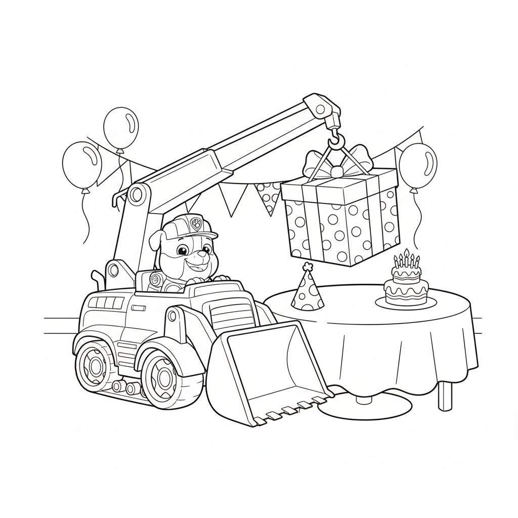 Kleurplaat van Rubble (Paw Patrol-hondje) in een graafmachine, die een feestelijk ingepakt cadeau optilt. De scène is versierd met vlaggetjes, ballonnen en een ronde tafel met een taart met zes kaarsjes en een feesthoedje.
