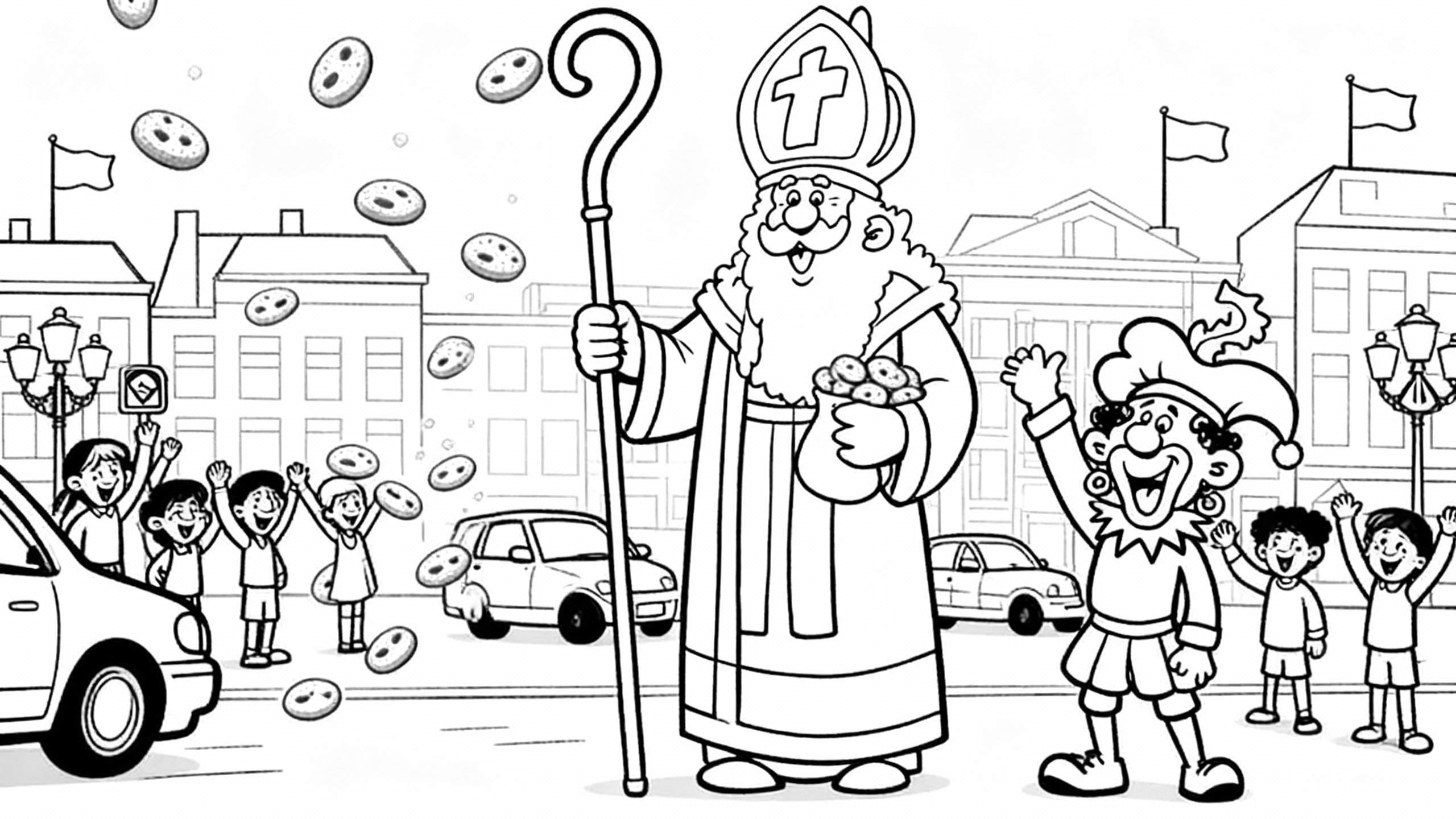 Zwart-wit kleurplaat van de Sinterklaasintocht: Sinterklaas met staf en zak pepernoten, Zwarte Piet, blije kinderen, vallende pepernoten en een stadsgezicht op de achtergrond.