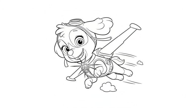 Zwart-wit kleurplaat van Skye van Paw Patrol die snel vliegt met een jetpack op haar rug, een vliegbril op haar hoofd en een grote, vrolijke glimlach.