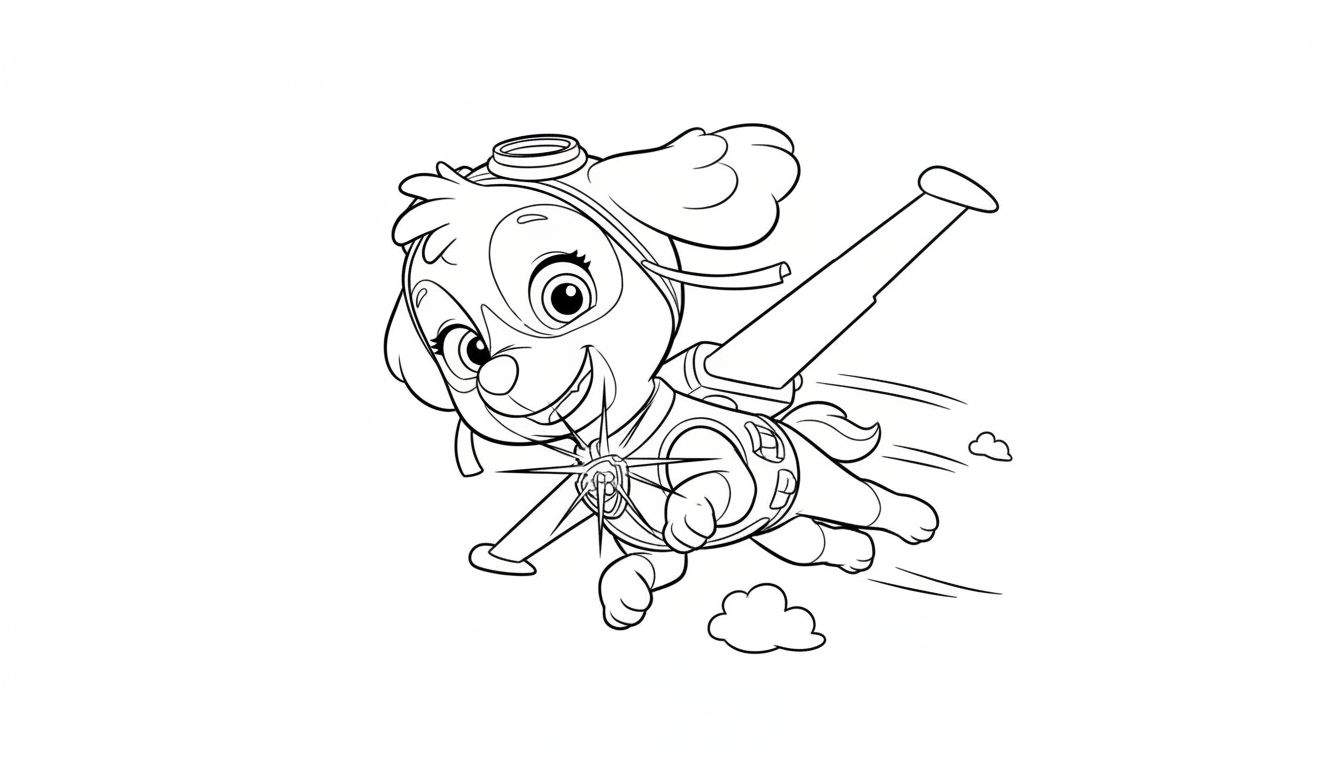 Zwart-wit kleurplaat van Skye van Paw Patrol die snel vliegt met een jetpack op haar rug, een vliegbril op haar hoofd en een grote, vrolijke glimlach.