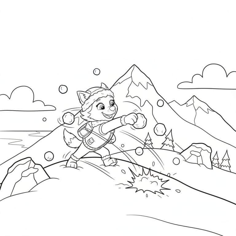 Kleurplaat van vrolijk, vos-achtig figuur (Everest) in winterkleding, slaat een sneeuwbal kapot op een besneeuwde heuvel, met bergen, dennenbomen en een iglo op de achtergrond. Het figuur lacht breed.