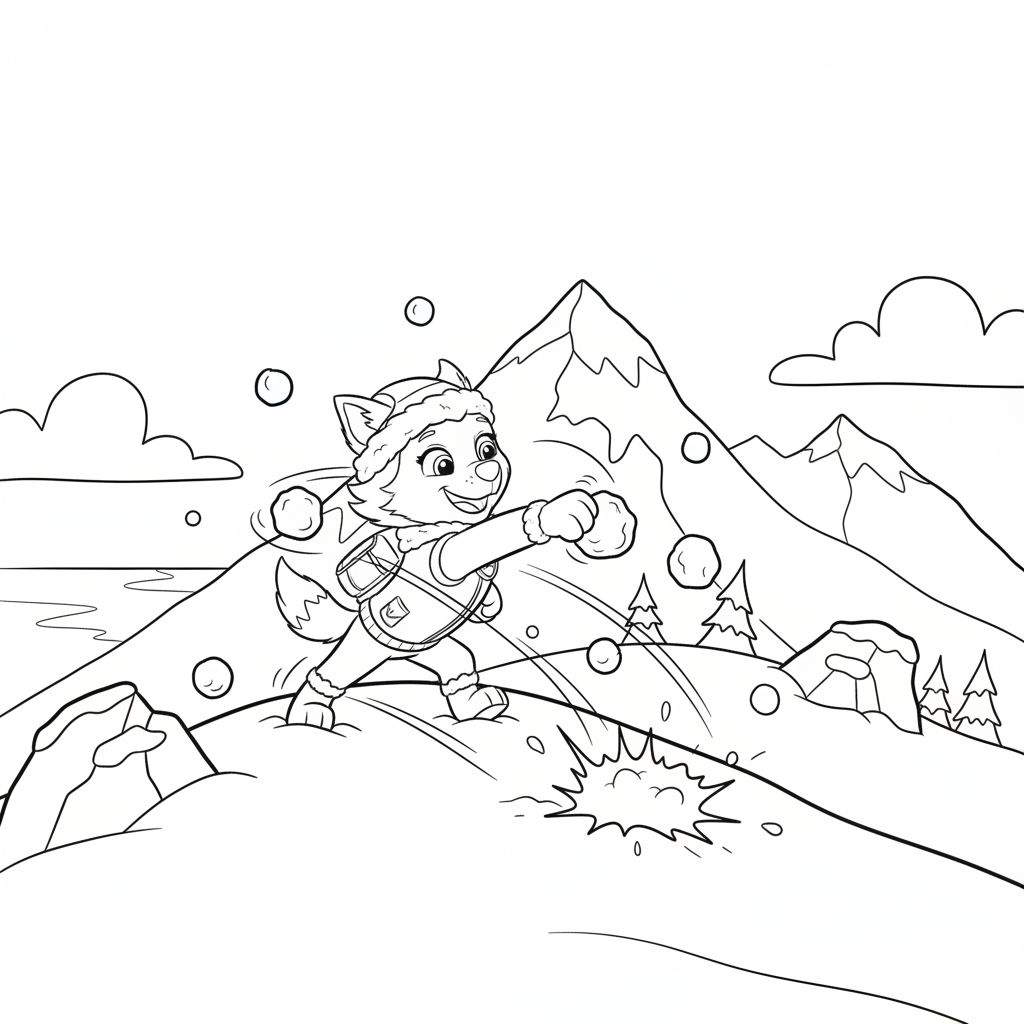 Kleurplaat van vrolijk, vos-achtig figuur (Everest) in winterkleding, slaat een sneeuwbal kapot op een besneeuwde heuvel, met bergen, dennenbomen en een iglo op de achtergrond. Het figuur lacht breed.