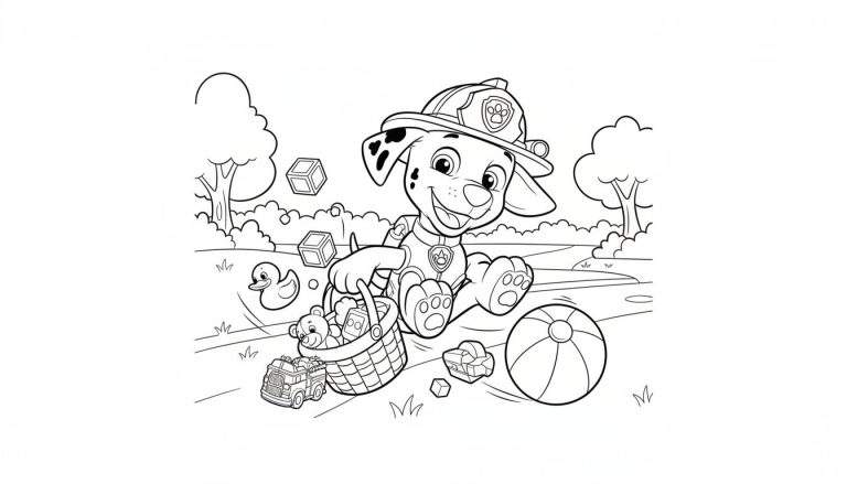 Zwart-wit kleurplaat van Marshall, de Paw Patrol brandweerhond, zittend in het gras met een mandje vol speeltjes en meer speelgoed verspreid eromheen. Achtergrond met bomen en struiken.