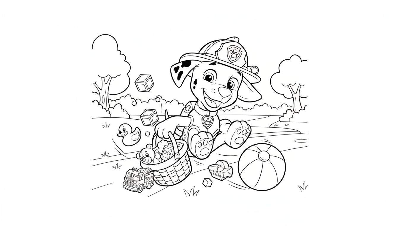 Zwart-wit kleurplaat van Marshall, de Paw Patrol brandweerhond, zittend in het gras met een mandje vol speeltjes en meer speelgoed verspreid eromheen. Achtergrond met bomen en struiken.
