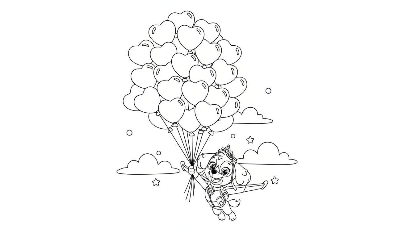 Kleurplaat van Skye van Paw Patrol, vliegend door de lucht met een vlieghelm, kroon en een tros hartvormige ballonnen, omringd door wolken en sterren.