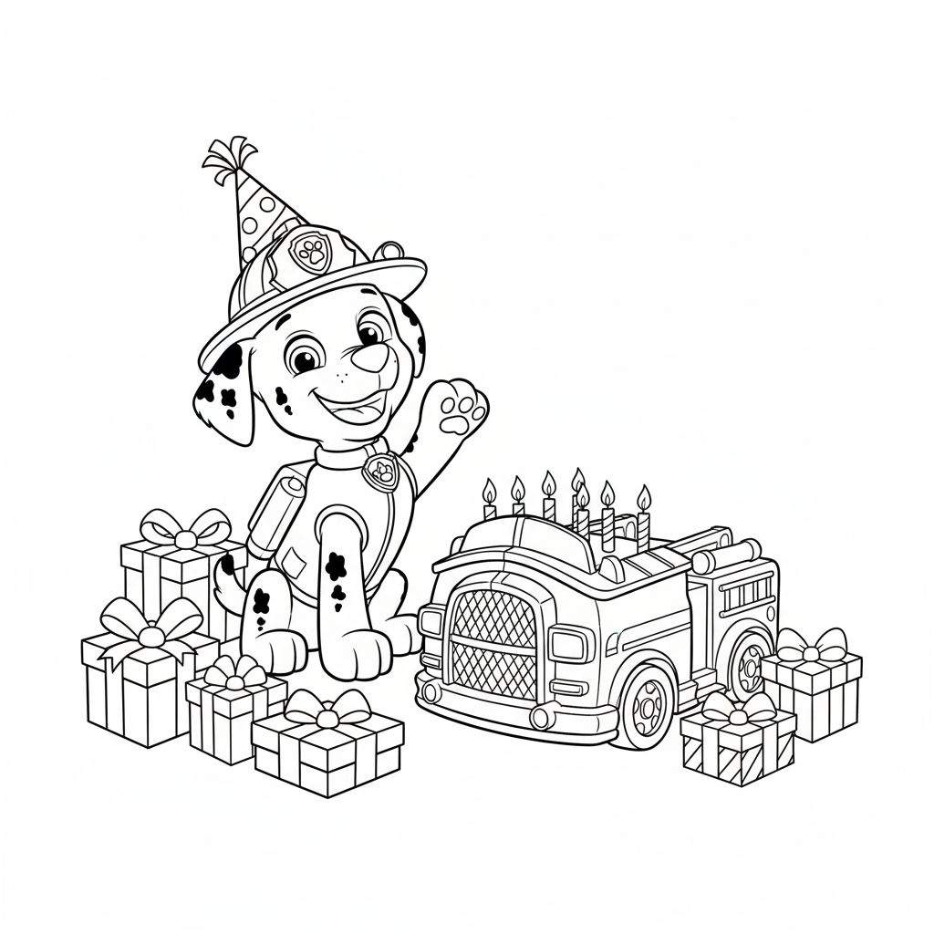 Zwart-wit kleurplaat van Marshall van Paw Patrol. Hij draagt een brandweerhelm met feestmuts, lacht en zwaait. Om hem heen liggen cadeaus en een versierde brandweerauto met kaarsjes, wat de sfeer van een verjaardagsfeestje uitstraalt.
