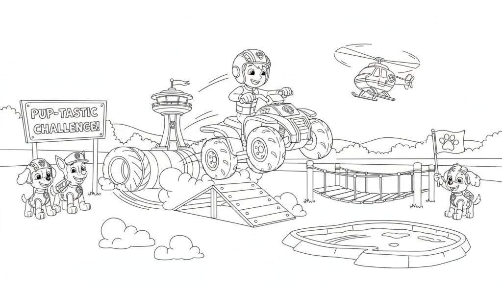Zwart-wit Paw Patrol kleurplaat met Ryder op zijn quad die een schans oprijdt tijdens een 'Pup-tastische Uitdaging' hindernisbaan. Links juichen twee pups, rechts zwaait een pup met een vlag. Een helikopter vliegt boven en de Paw Patrol Toren is in de verte zichtbaar.