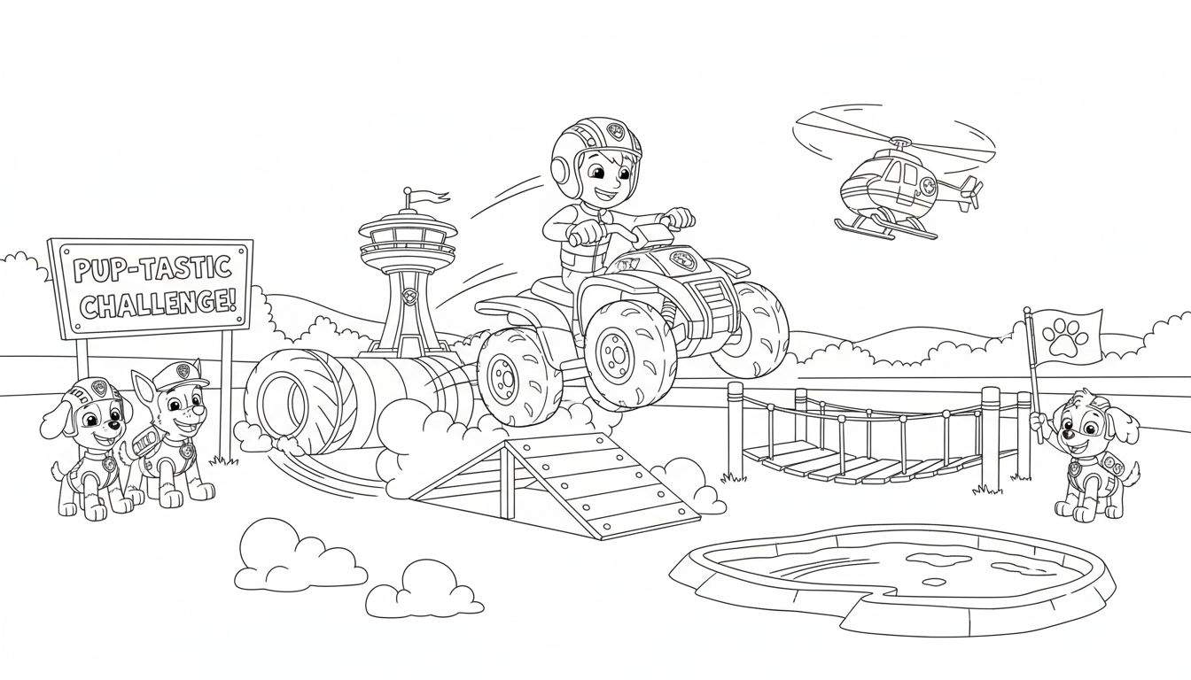 Zwart-wit Paw Patrol kleurplaat met Ryder op zijn quad die een schans oprijdt tijdens een 'Pup-tastische Uitdaging' hindernisbaan. Links juichen twee pups, rechts zwaait een pup met een vlag. Een helikopter vliegt boven en de Paw Patrol Toren is in de verte zichtbaar.