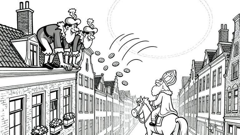 Zwart-wit kleurplaat van Sinterklaas op zijn witte paard rijdend door een straat, met twee lachende Zwarte Pieten op de daken die pepernoten strooien. Traditionele Nederlandse huizen met dakkapellen en schoorsteen.