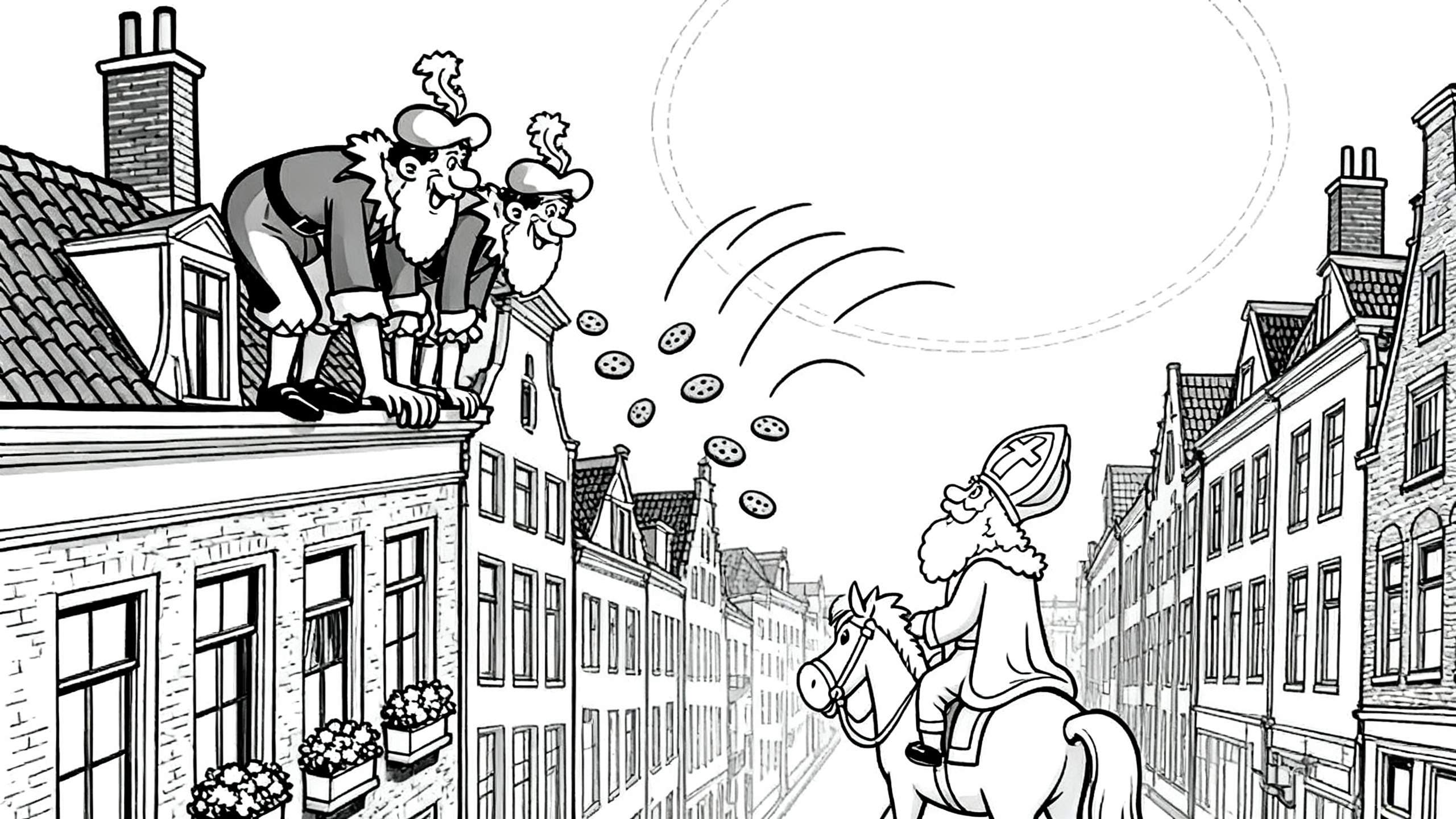 Zwart-wit kleurplaat van Sinterklaas op zijn witte paard rijdend door een straat, met twee lachende Zwarte Pieten op de daken die pepernoten strooien. Traditionele Nederlandse huizen met dakkapellen en schoorsteen.