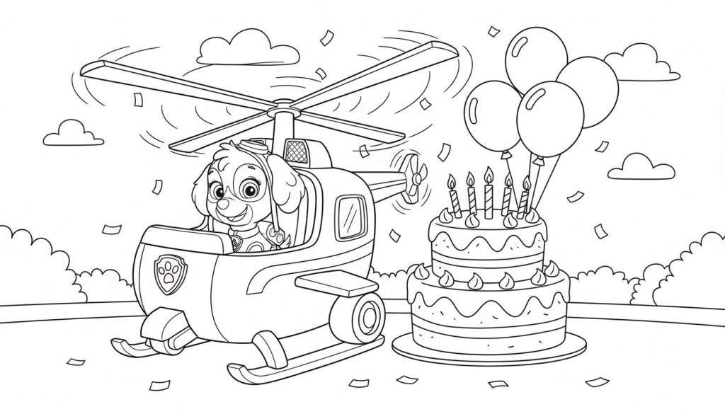 Zwart-wit kleurplaat van Paw Patrol's Skye in een helikopter, naast een tweelaagse verjaardagstaart met kaarsjes en vier ballonnen, met wolken en confetti op de achtergrond.