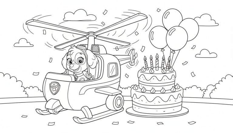 Zwart-wit kleurplaat van Paw Patrol's Skye in een helikopter, naast een tweelaagse verjaardagstaart met kaarsjes en vier ballonnen, met wolken en confetti op de achtergrond.