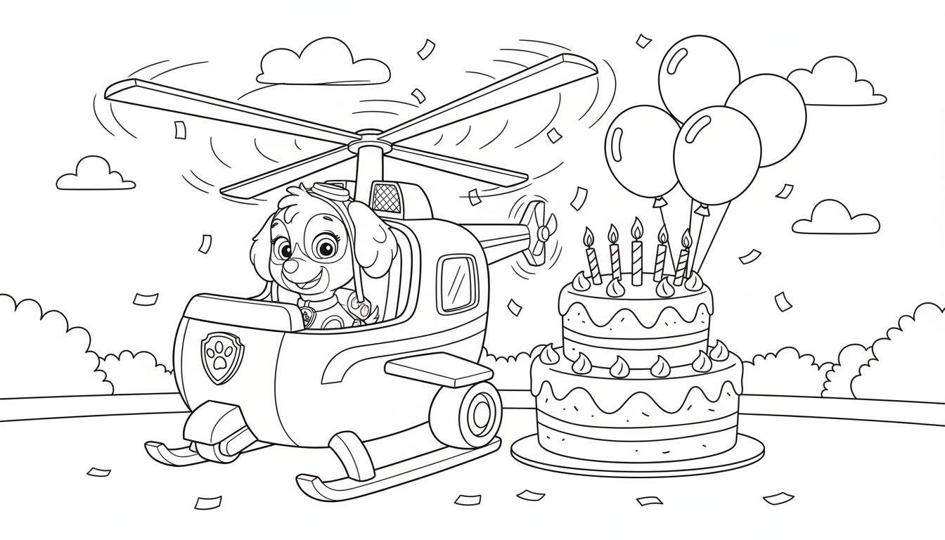 Zwart-wit kleurplaat van Paw Patrol's Skye in een helikopter, naast een tweelaagse verjaardagstaart met kaarsjes en vier ballonnen, met wolken en confetti op de achtergrond.