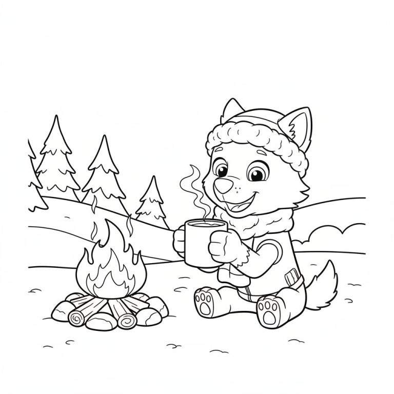 Kleurplaat van Everest de husky welp met wintermuts en sjaal, drinkend uit een mok warme cacao bij een kampvuur in een dennenbos.