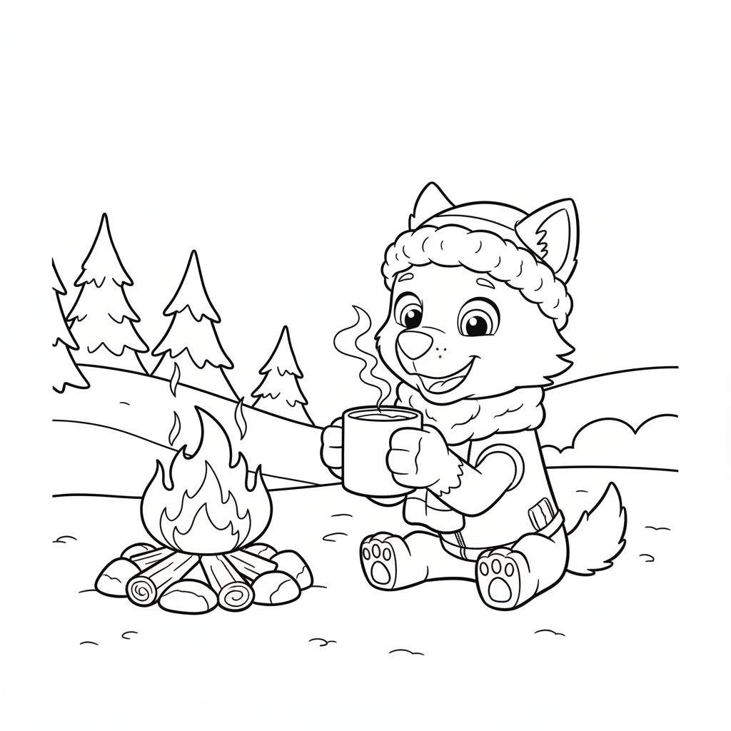 Kleurplaat van Everest de husky welp met wintermuts en sjaal, drinkend uit een mok warme cacao bij een kampvuur in een dennenbos.