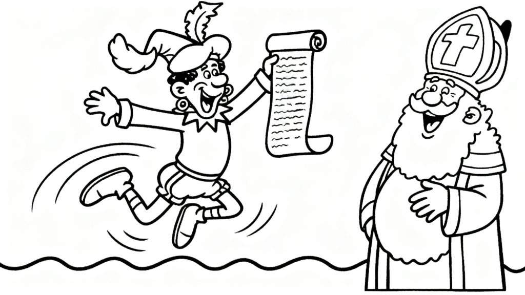 Kleurplaat van een vrolijk springende Piet met cadeaulijst en lachende Sinterklaas, feestelijke Sinterklaastraditie.