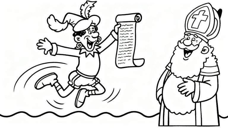 Kleurplaat van een vrolijk springende Piet met cadeaulijst en lachende Sinterklaas, feestelijke Sinterklaastraditie.