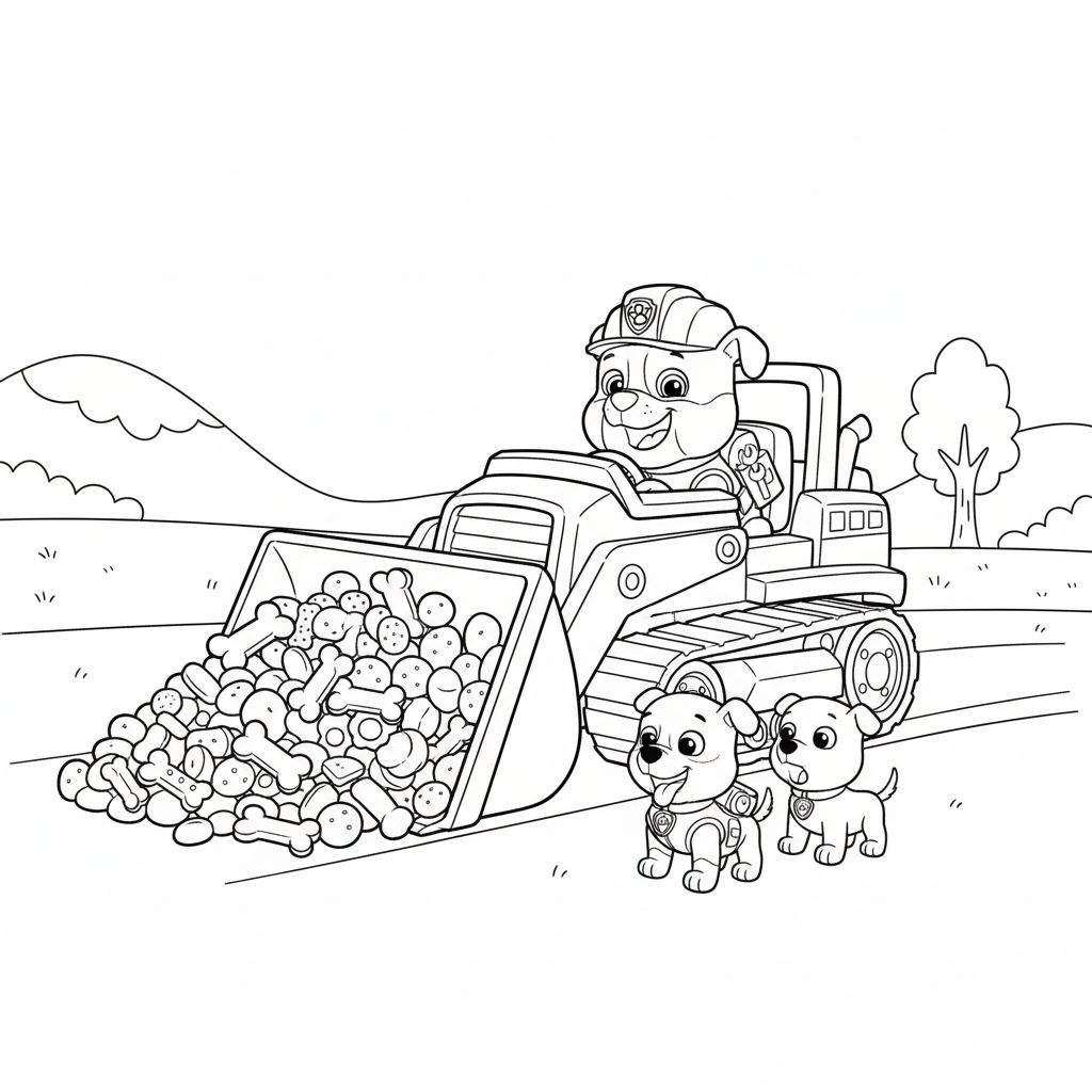 Kleurplaat van Rubble, een vrolijke pup met bouwhelm, die in een gele graafmachine zit die overvol is met hondenbotten en ronde hondensnacks. Naast de machine staan twee kleinere, enthousiaste pups toe te kijken in een landschap met heuvels en een boom.