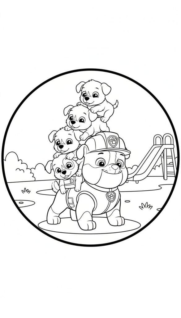 Zwart-wit lijntekening van Rubble van Paw Patrol, een bulldog met bouwhelm, waarop vier kleinere vrolijke puppy's zijn gestapeld. De scène speelt zich af in een park met een glijbaan op de achtergrond en is omrand door een zwarte cirkel.