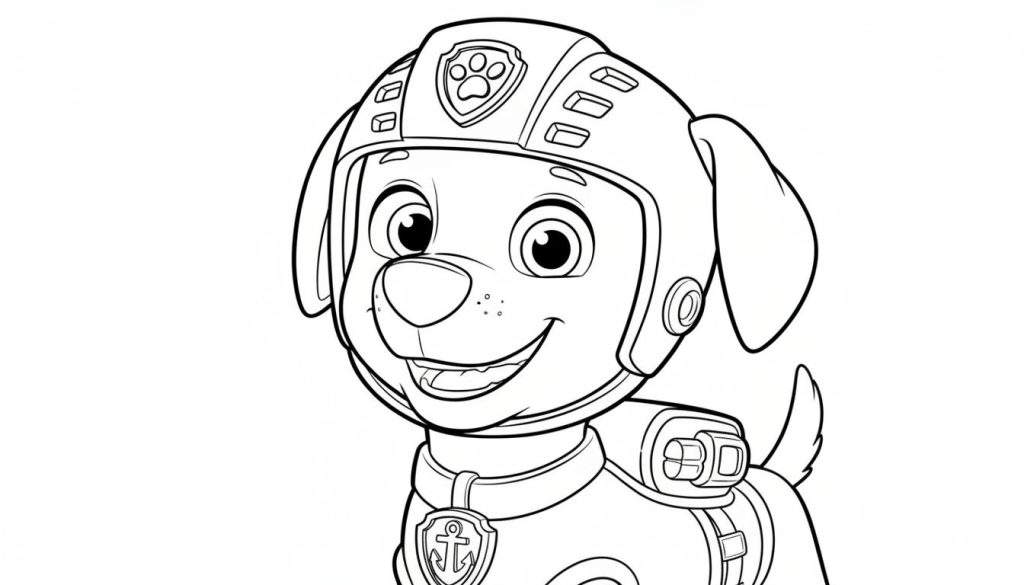 Kleurplaat van Zuma van Paw Patrol, een vrolijke hond met helm met pootafdruk embleem, halsband en anker medaille. De hond glimlacht vriendelijk.
