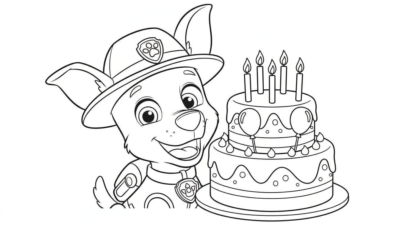 Zwart-wit kleurplaat van Paw Patrol pup Tracker met een feestelijke tweelagentaart, vijf brandende kaarsen, ballonnen en glazuurdruppels. Tracker kijkt blij naar de taart.