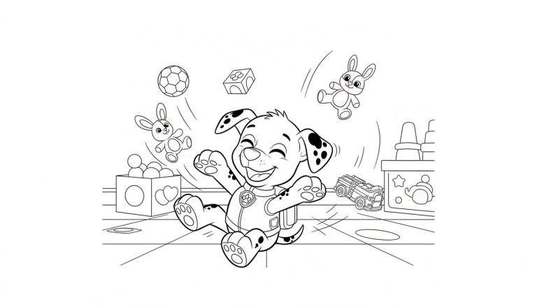Zwart-wit kleurplaat van een vrolijke, lachende puppy (lijkt op Marshall van Paw Patrol) die springt tussen vliegend speelgoed zoals een voetbal, knuffelkonijnen en bouwblokken, met dozen en een speelgoedauto op de vloer.
