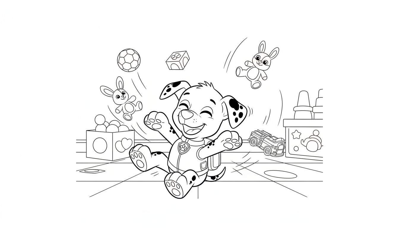 Zwart-wit kleurplaat van een vrolijke, lachende puppy (lijkt op Marshall van Paw Patrol) die springt tussen vliegend speelgoed zoals een voetbal, knuffelkonijnen en bouwblokken, met dozen en een speelgoedauto op de vloer.
