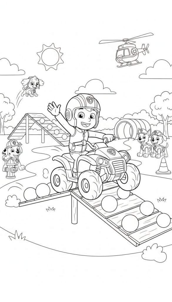 Kleurplaat van Paw Patrol met Ryder op een quad op een houten brug, Skye in de lucht, Marshall bij een brandkraan, en Chase en Rocky bij een kegel en tunnel, tegen een achtergrond van bomen en wolken.