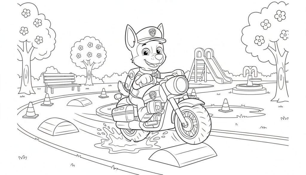Kleurplaat van Paw Patrol's Chase op zijn motorfiets, rijdend door plassen en een kegelparcours in een park met bomen, een bankje, een glijbaan en een fontein.