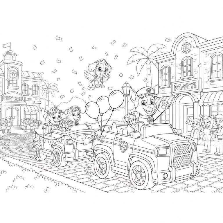 Paw Patrol kleurplaat van een feestelijke optocht. Chase rijdt voorop in zijn politiewagen met ballonnen, gevolgd door Marshall en Rubble. Skye vliegt boven een stadse straat met 'City Hall' en zwaaiende kinderen en confetti.