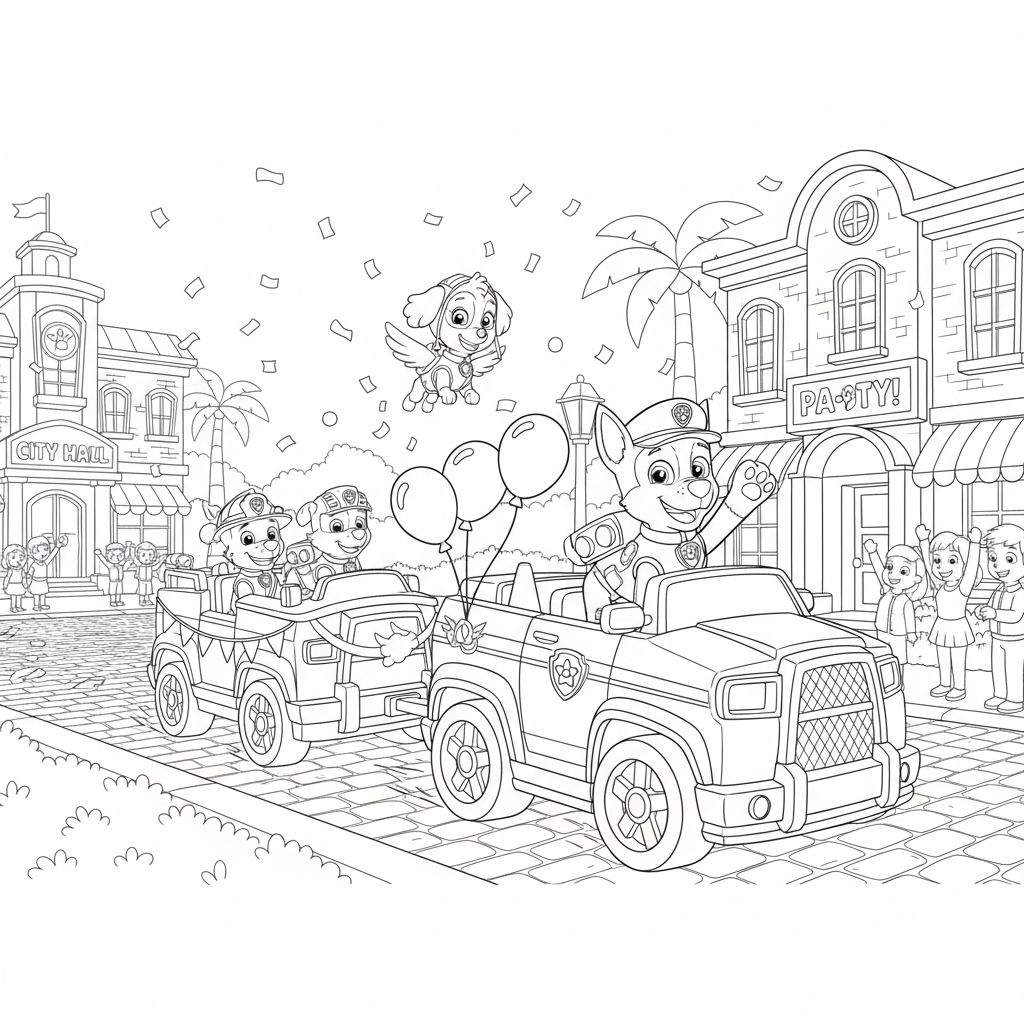 Paw Patrol kleurplaat van een feestelijke optocht. Chase rijdt voorop in zijn politiewagen met ballonnen, gevolgd door Marshall en Rubble. Skye vliegt boven een stadse straat met 'City Hall' en zwaaiende kinderen en confetti.