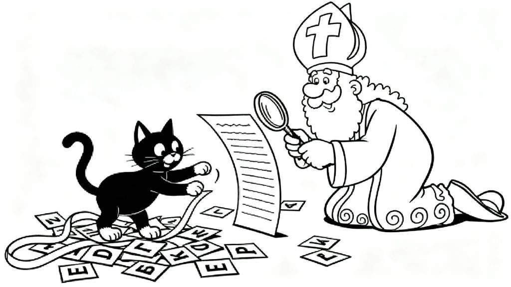 Kleurplaat: Sinterklaas knielt met vergrootglas bij een lijst met tekst, terwijl een zwarte kat speels met verspreide letterkaarten morrelt.