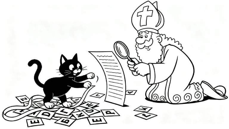 Kleurplaat: Sinterklaas knielt met vergrootglas bij een lijst met tekst, terwijl een zwarte kat speels met verspreide letterkaarten morrelt.